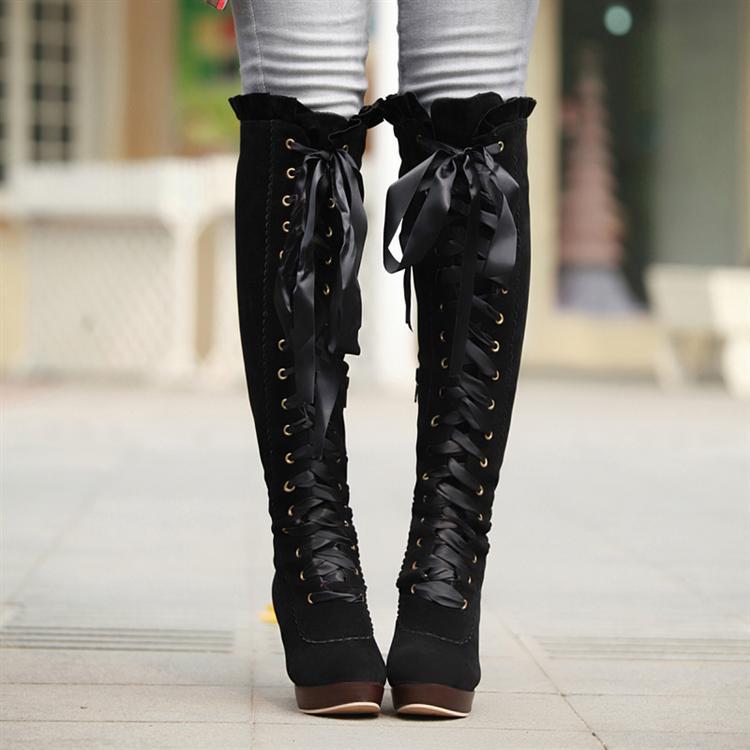 Lace Up Knee-high Boot Female Shoes