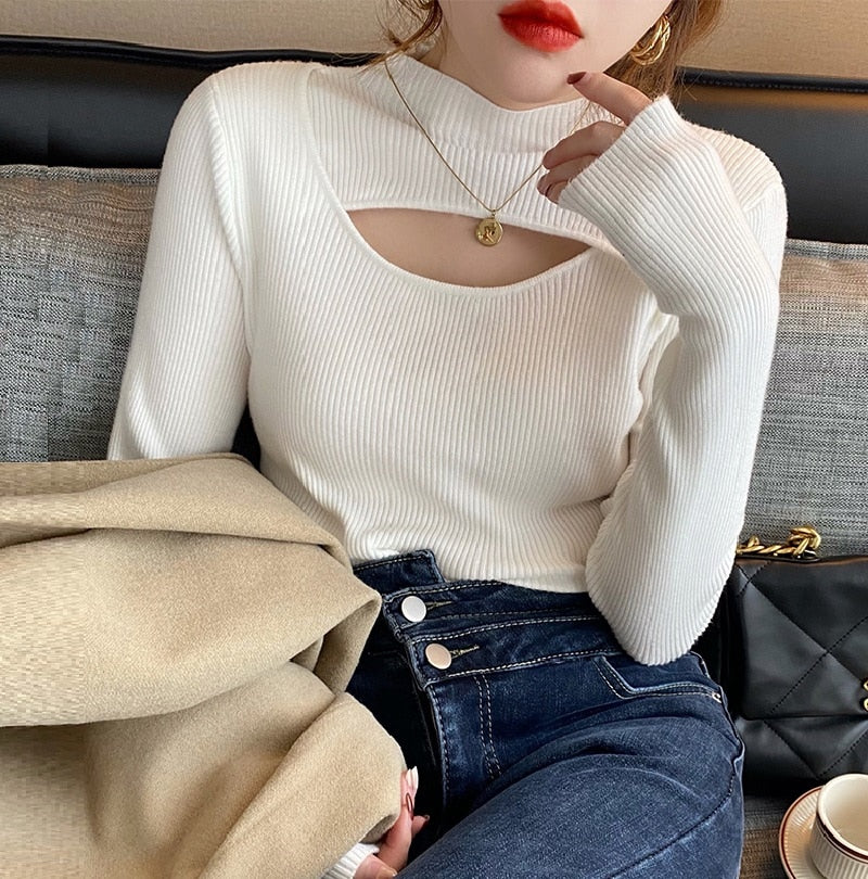 Mock Neck Women Hollow Out Sexy Sweaters