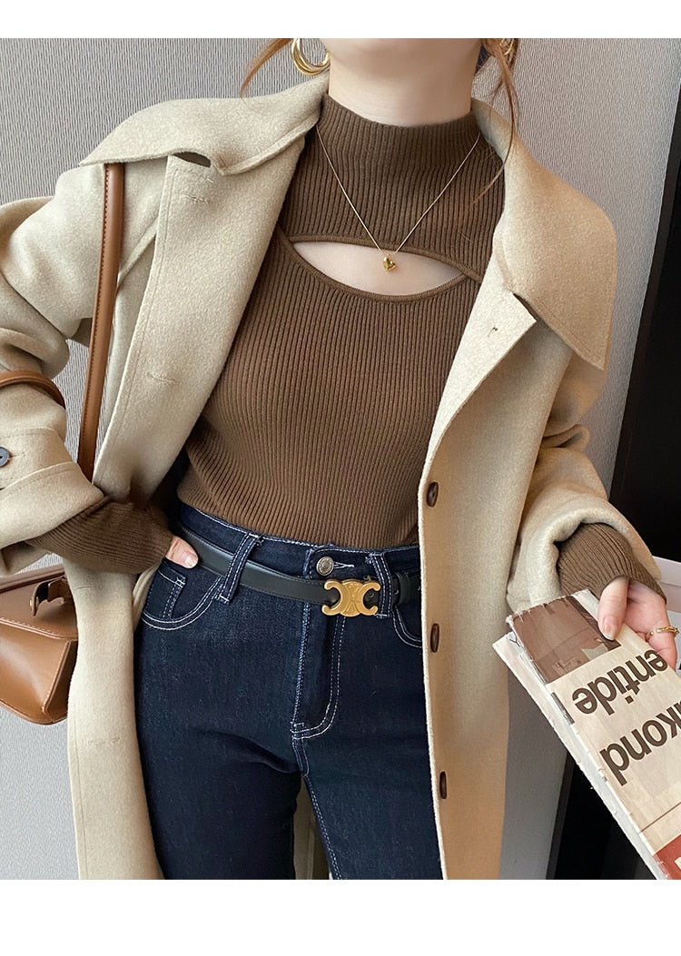 Mock Neck Women Hollow Out Sexy Sweaters