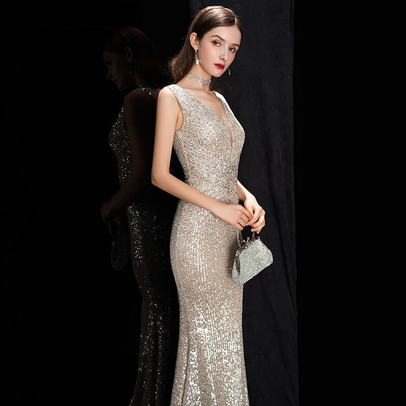 Elegant V Neck Sequin Evening Dress