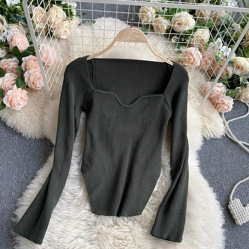 Square Collar Long Sleeve Woman Sweaters