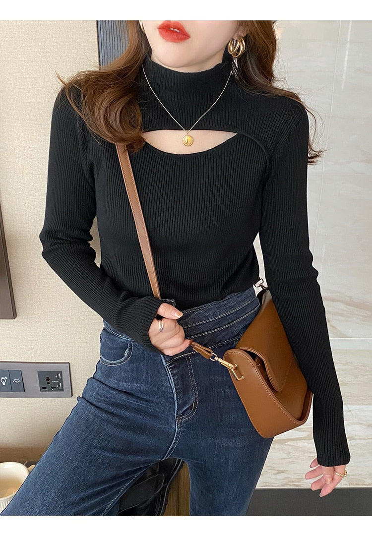 Mock Neck Women Hollow Out Sexy Sweaters