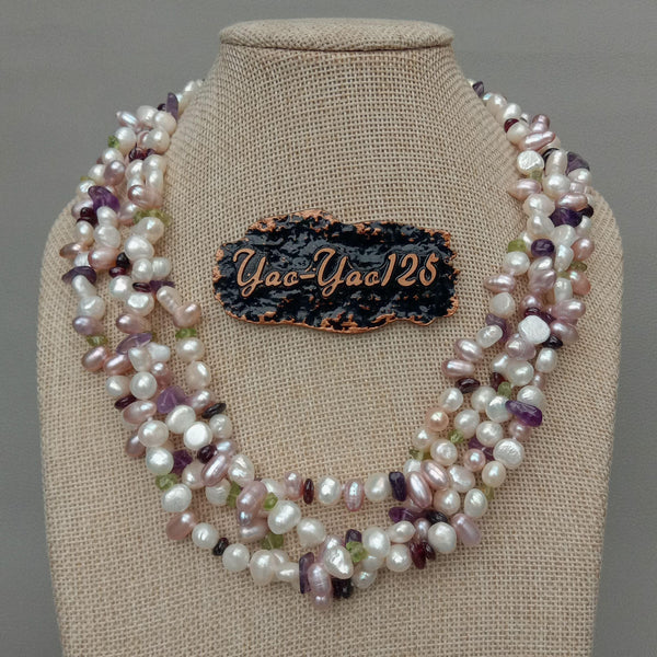 Pearl Prehnite Amethyst Garnet Necklace