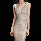 Elegant V Neck Sequin Evening Dress