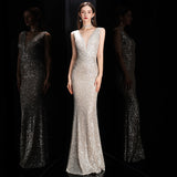 Elegant V Neck Sequin Evening Dress