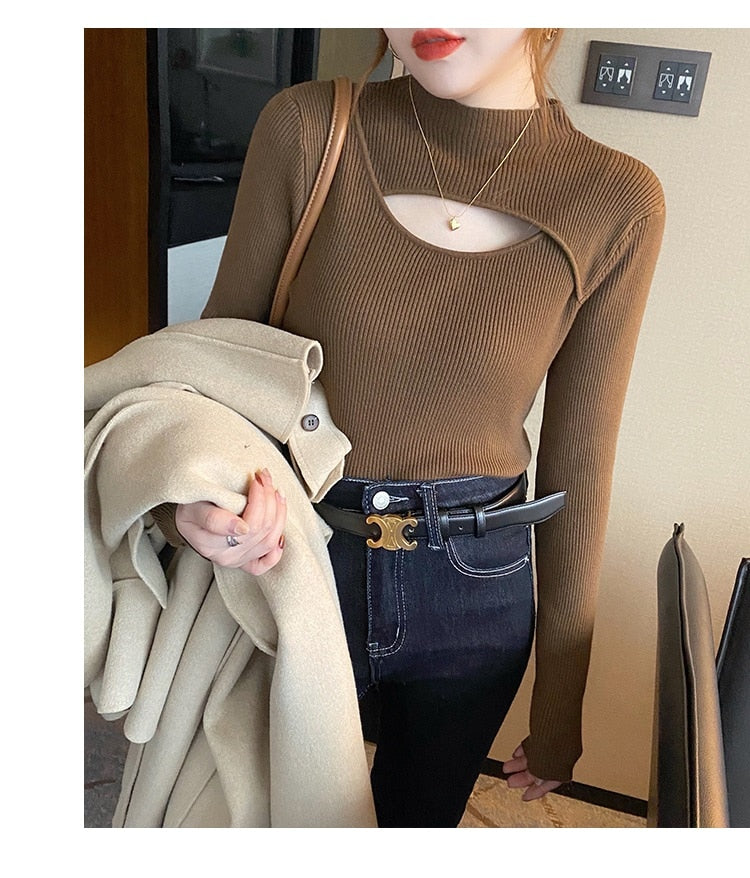 Mock Neck Women Hollow Out Sexy Sweaters