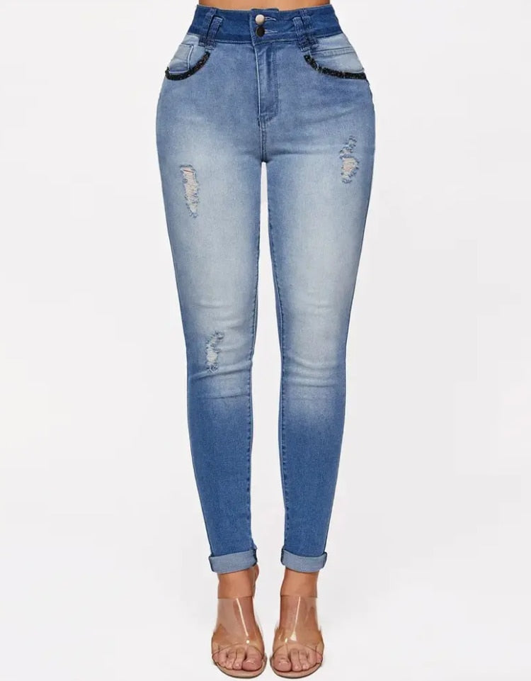 Denim Zip Fly Ombre Ripped Jeans