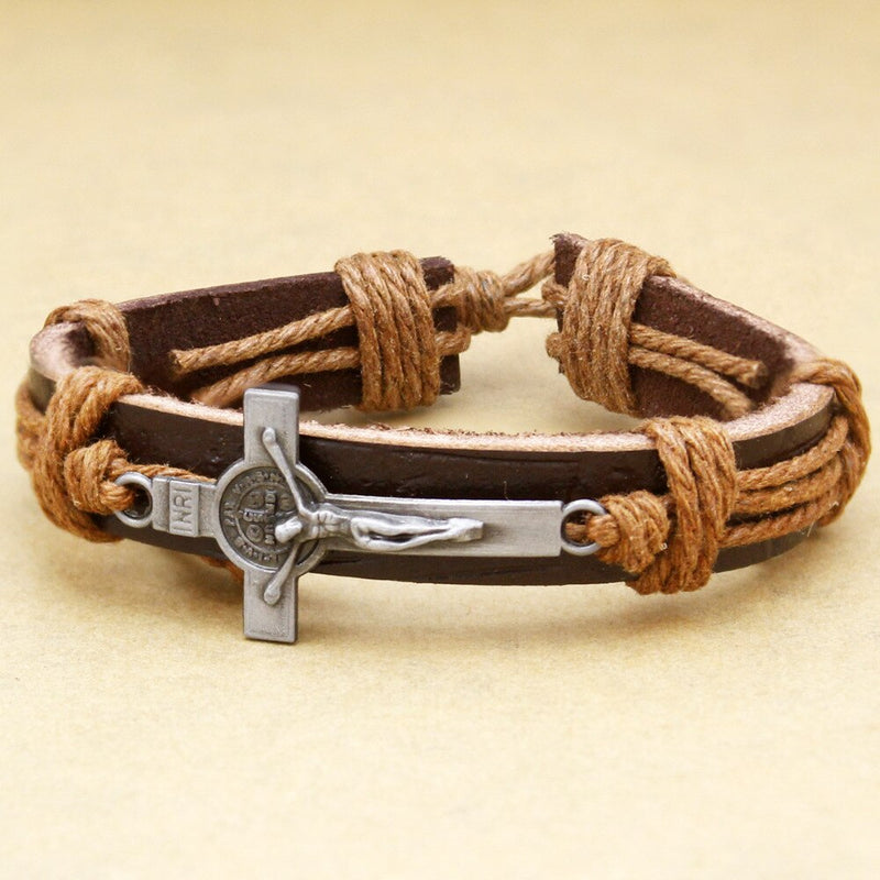 Religious Cross Bible Medal Leather Bracelets