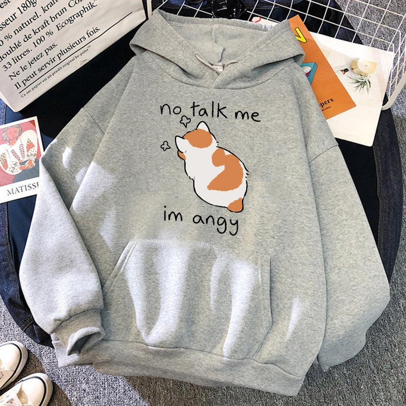 No Talk Me Cute Angry Cat Print Hoody