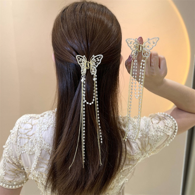 Female Butterfly Pearl Tassel Hair Claw