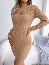 Openwork Twist Waist Solid Long Sleeve Dresses