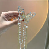 Female Butterfly Pearl Tassel Hair Claw