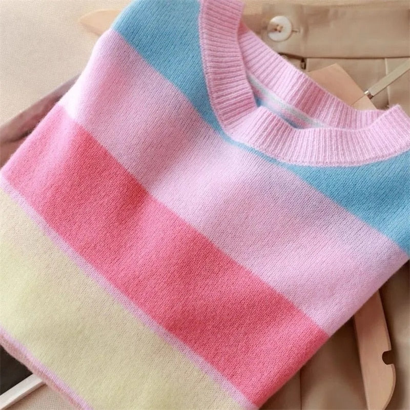 Rainbow Striped Round Neck Knitwear