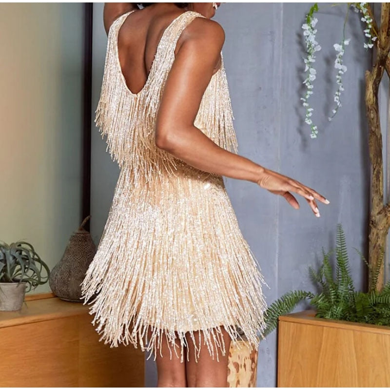 New Sexy Tassel Sequins Feather Mini Dress Women