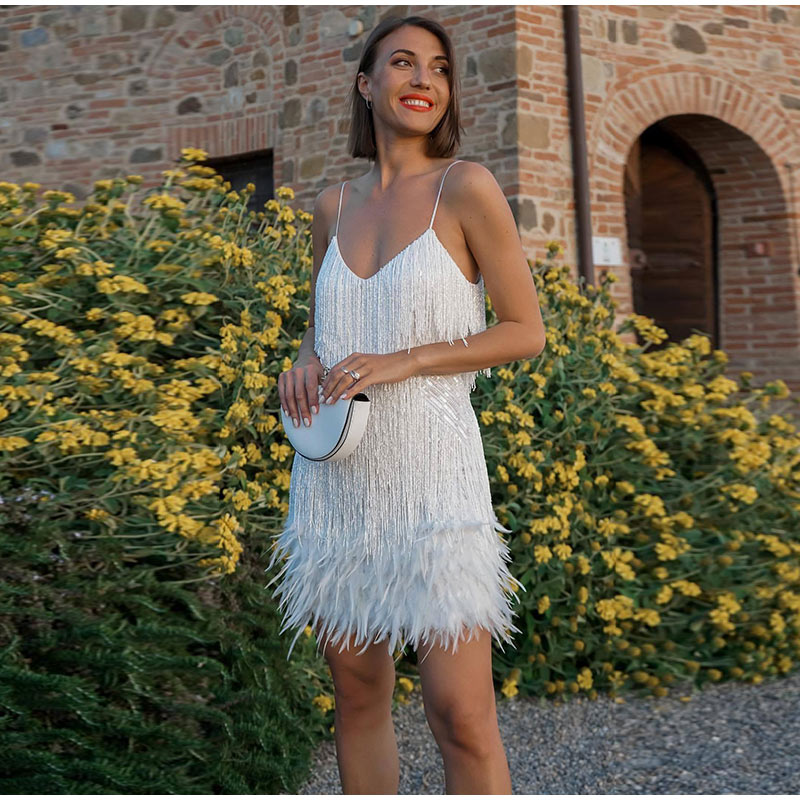 New Sexy Tassel Sequins Feather Mini Dress Women