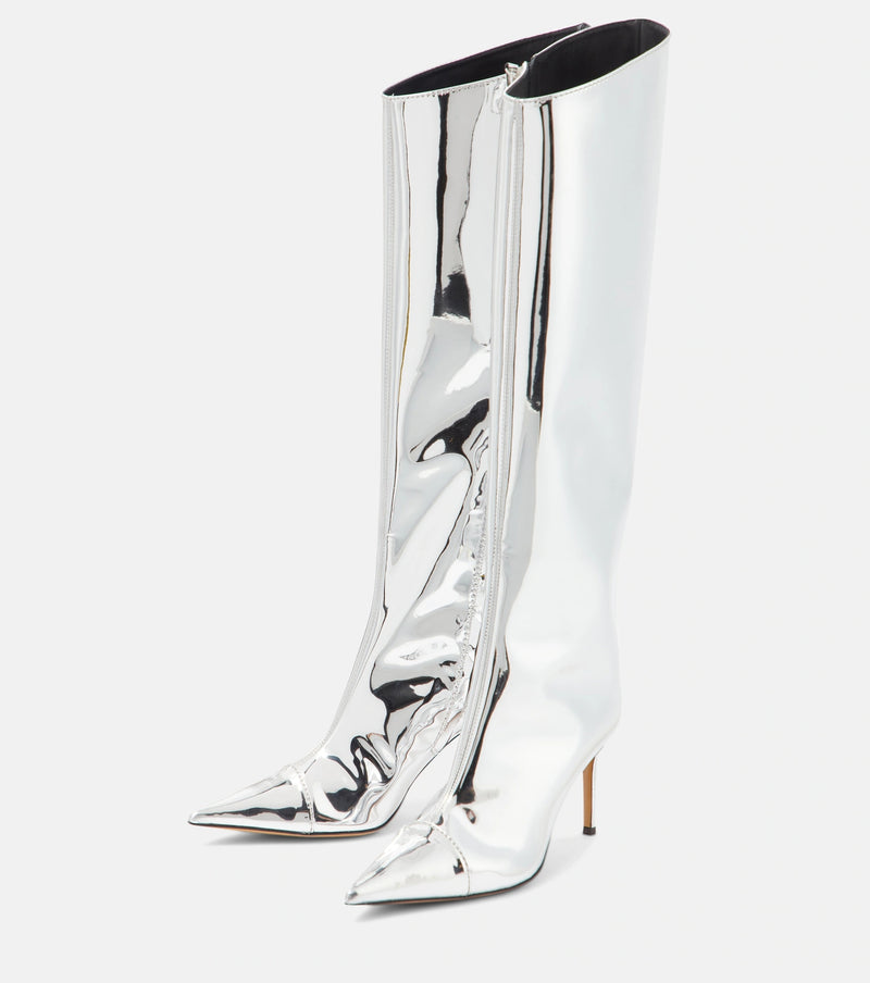 Metallic Leather Silver Pink Knee High Heels