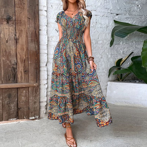 New Vintage Print Long Dress Women