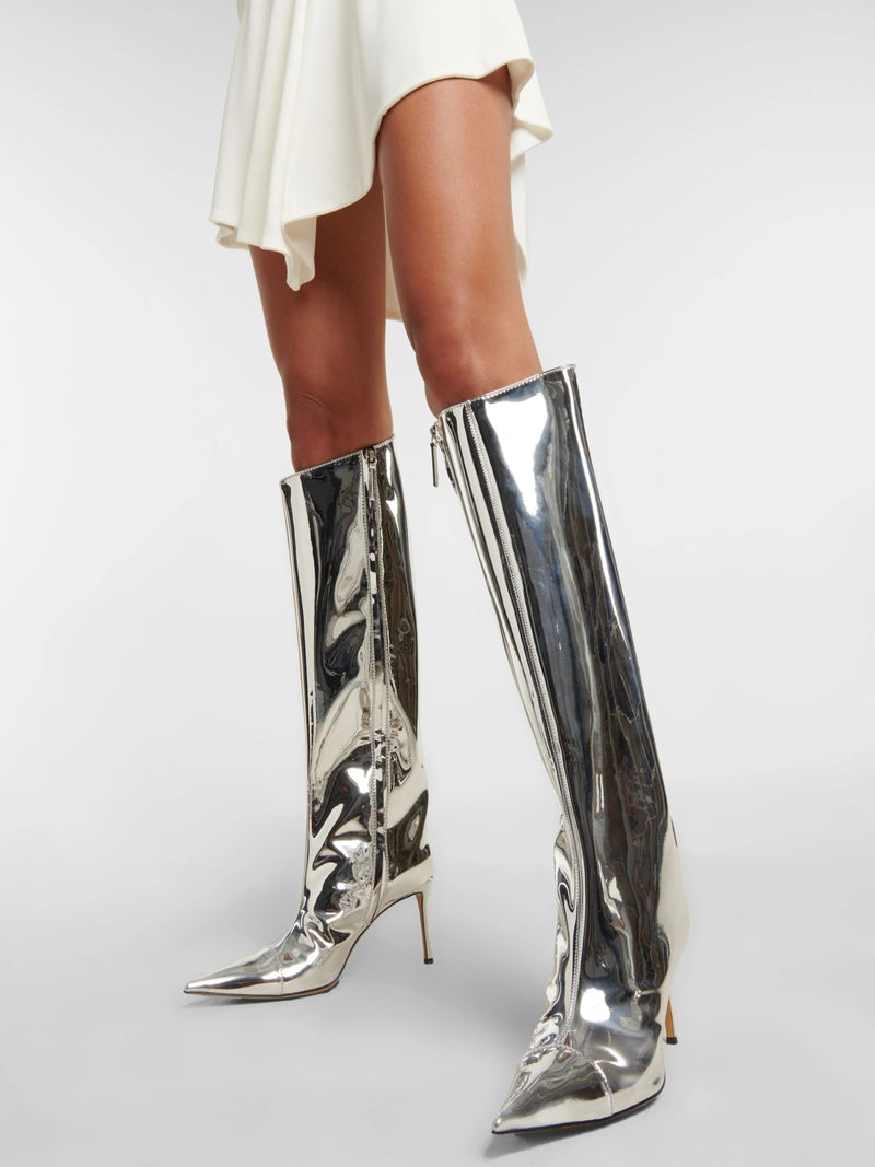 Metallic Leather Silver Pink Knee High Heels