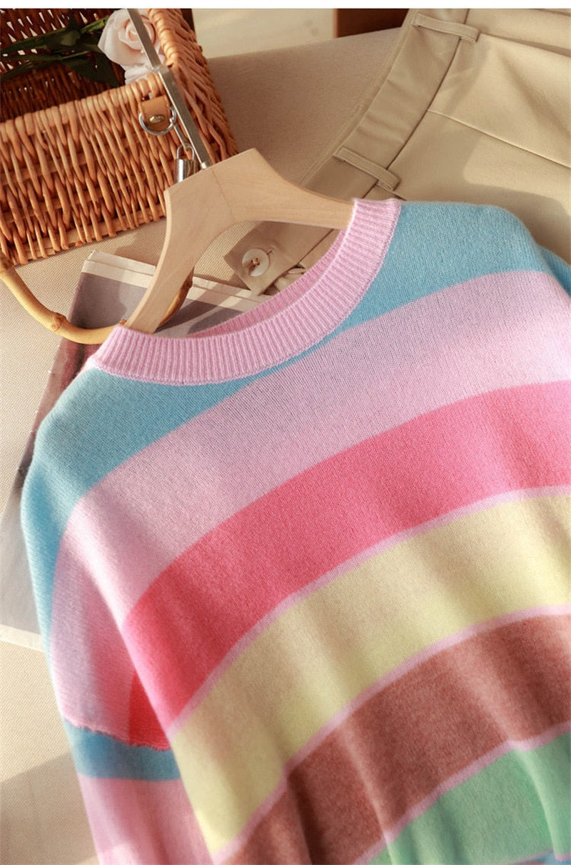 Rainbow Striped Round Neck Knitwear