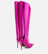 Metallic Leather Silver Pink Knee High Heels