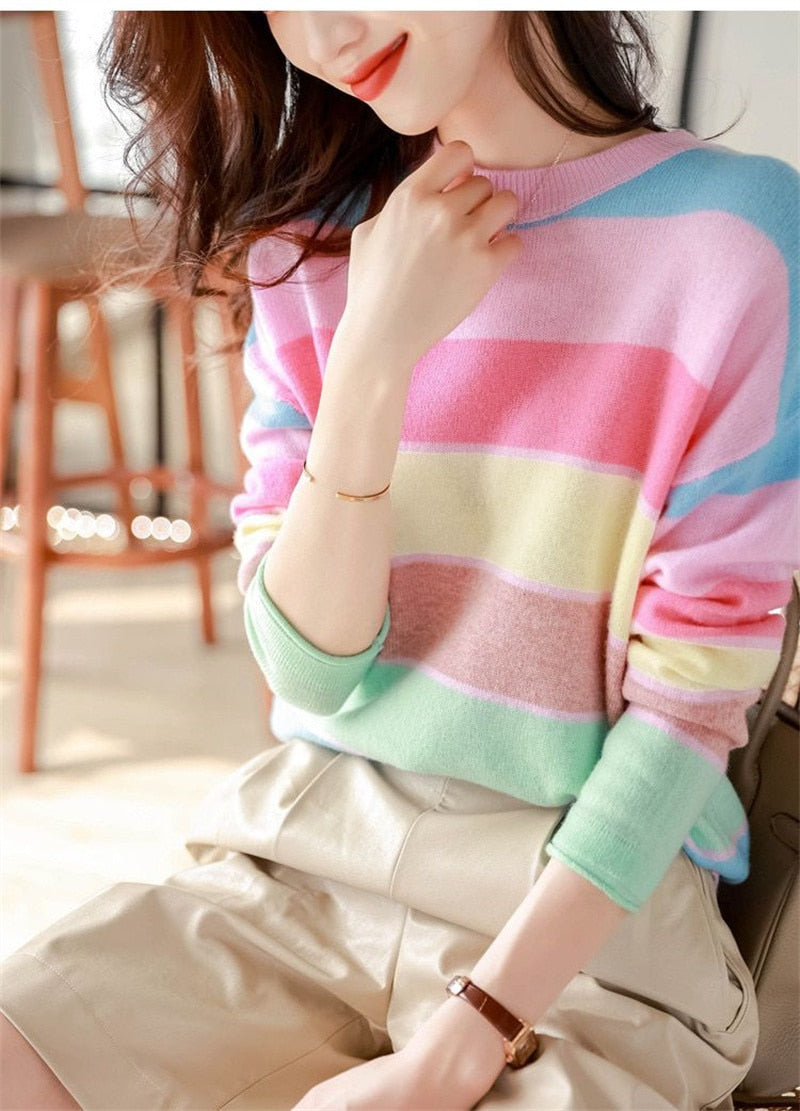 Rainbow Striped Round Neck Knitwear