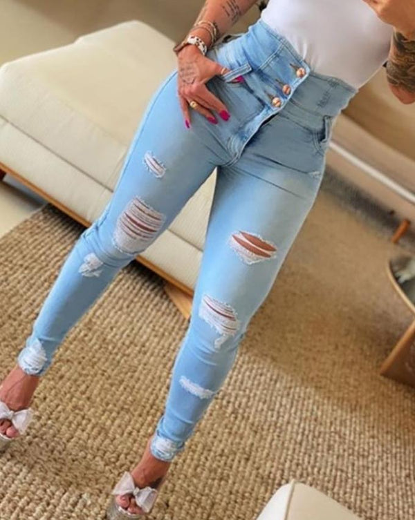 Cutout Ripped Casual Skinny Jeans