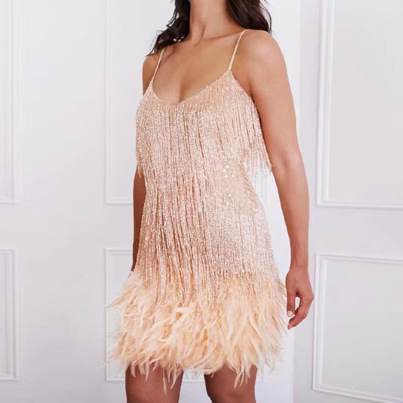 New Sexy Tassel Sequins Feather Mini Dress Women