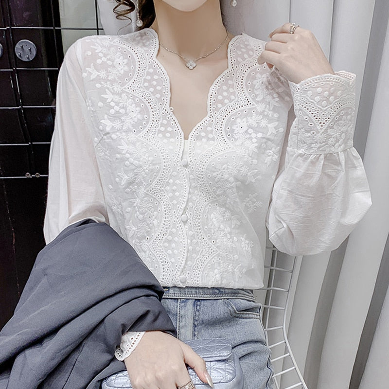 Hollow Out Button Elegant Blouse