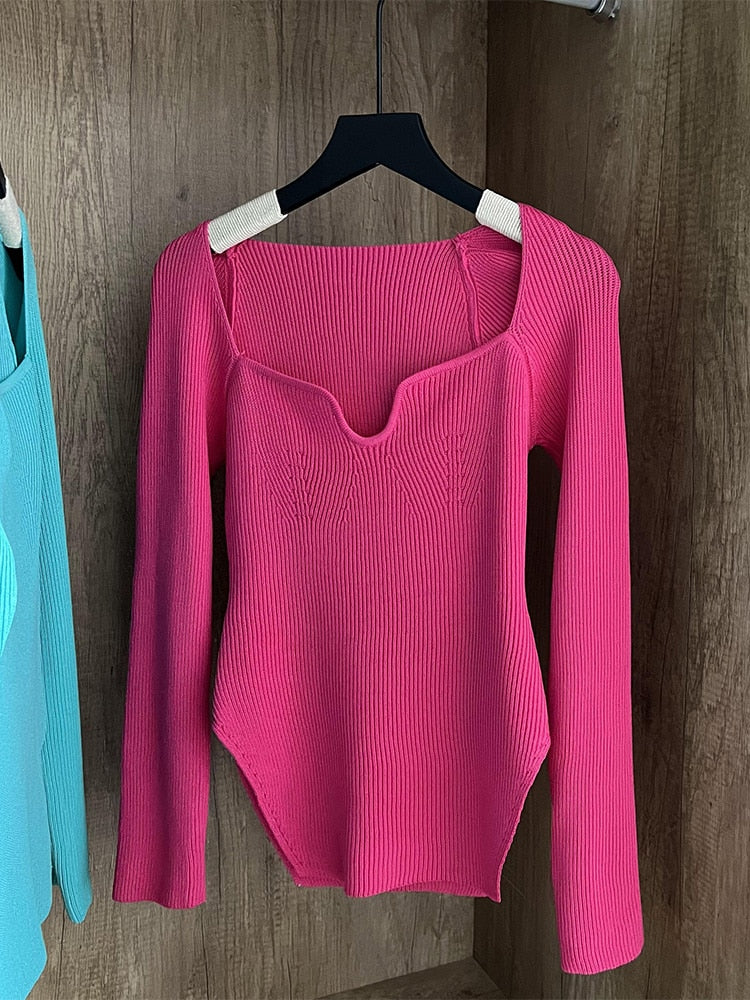 Square Collar Long Sleeve Woman Sweaters