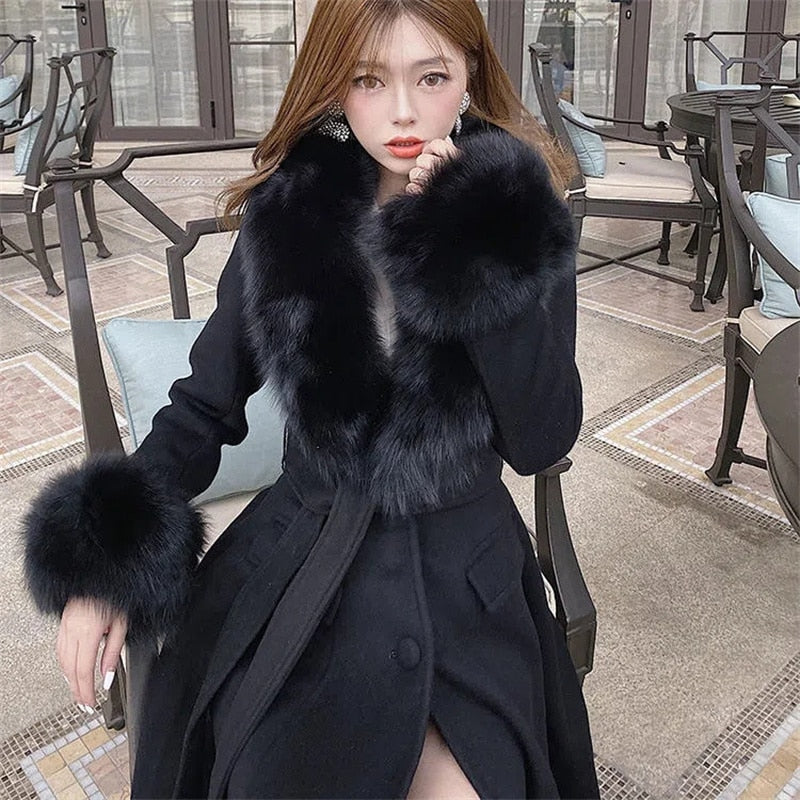 Winter Woolen Coats Fur Collar Scarf