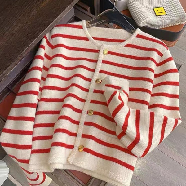 O-neck Stripe Knitted Cardigan Sweaters