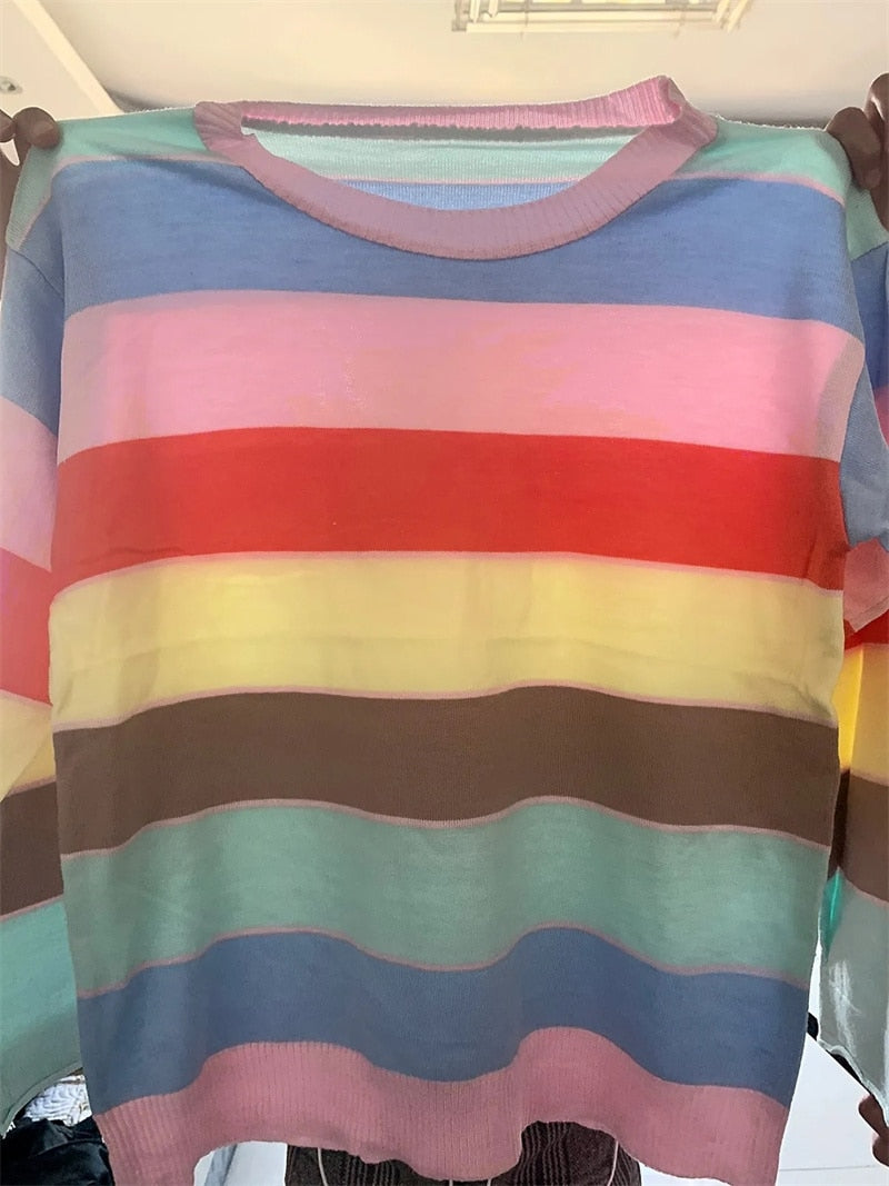 Rainbow Striped Round Neck Knitwear