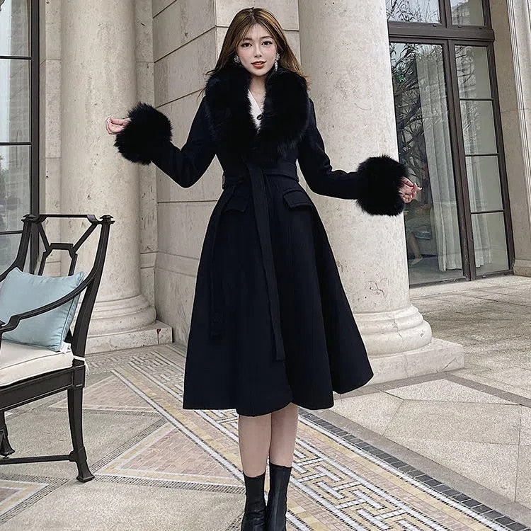 Winter Woolen Coats Fur Collar Scarf