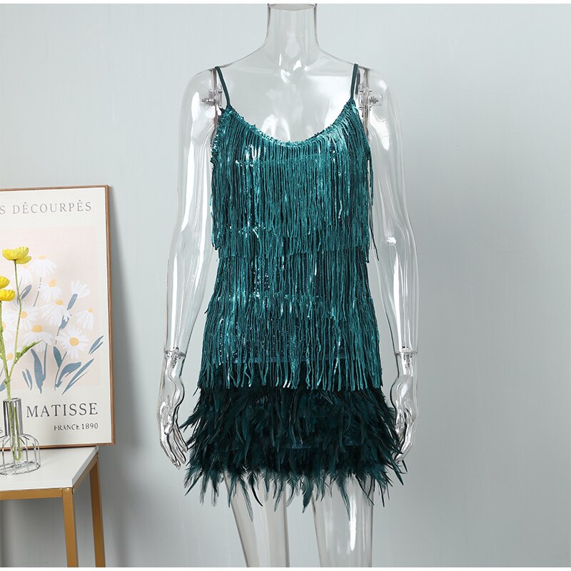 New Sexy Tassel Sequins Feather Mini Dress Women