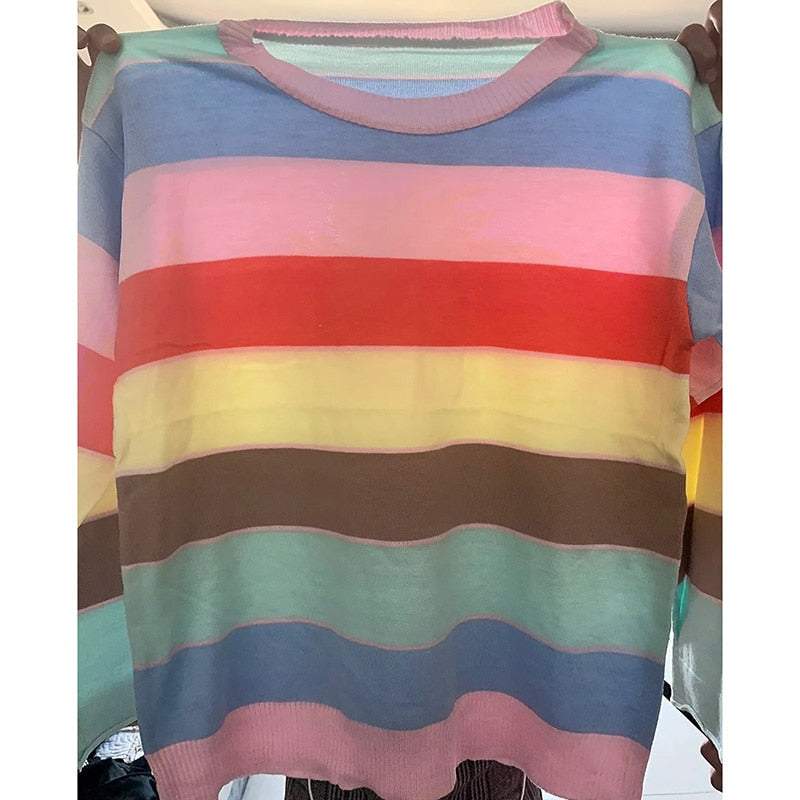 Rainbow Striped Round Neck Knitwear