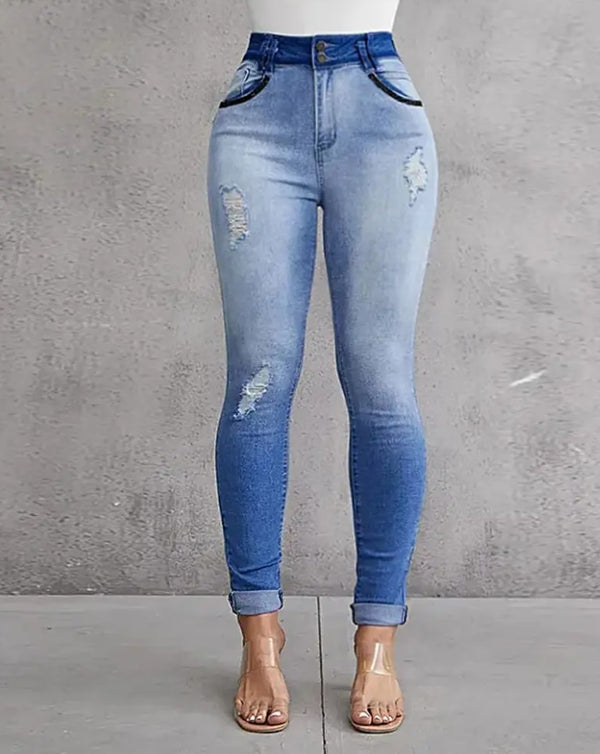 Denim Zip Fly Ombre Ripped Jeans