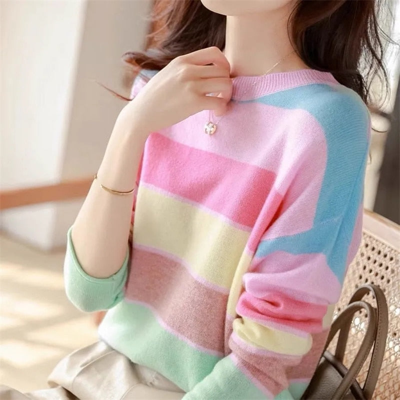 Rainbow Striped Round Neck Knitwear