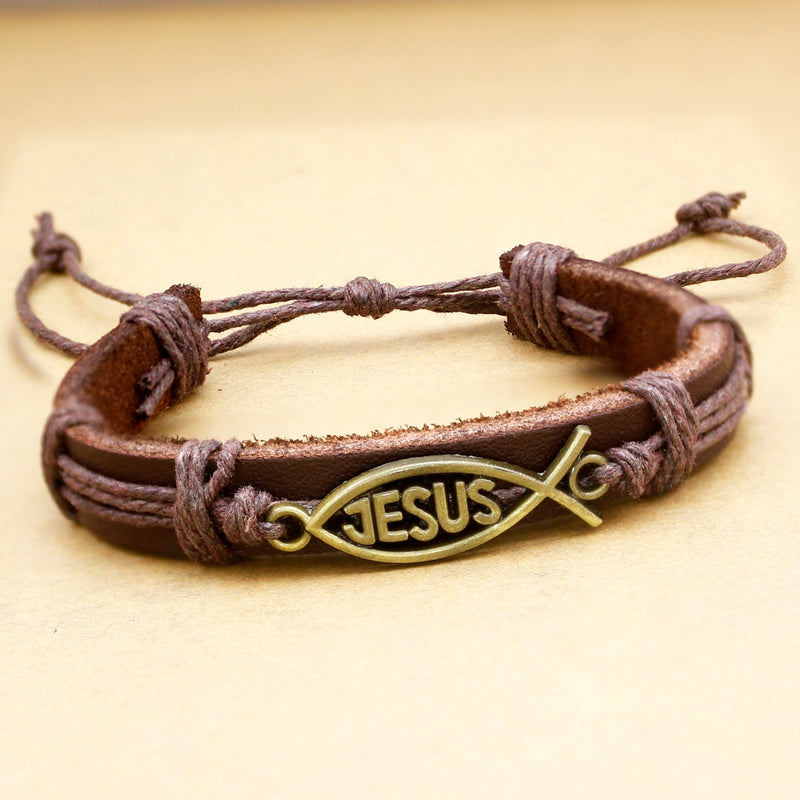 Religious Cross Bible Medal Leather Bracelets