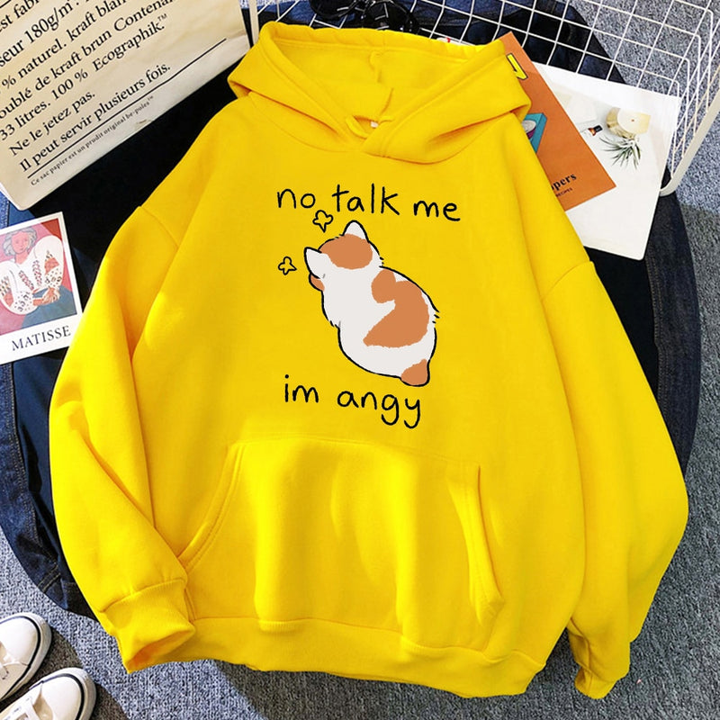 No Talk Me Cute Angry Cat Print Hoody