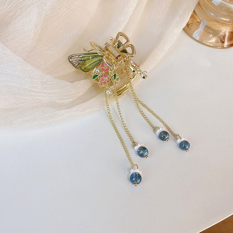 Female Butterfly Pearl Tassel Hair Claw