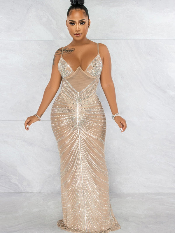 Sheer Mesh Crystal Party Dress