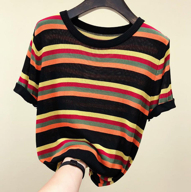 Rainbow Striped Round Neck Knitwear