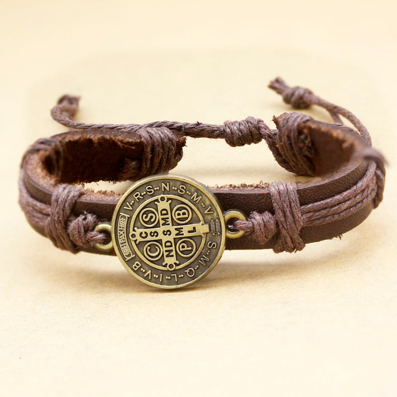 Religious Cross Bible Medal Leather Bracelets