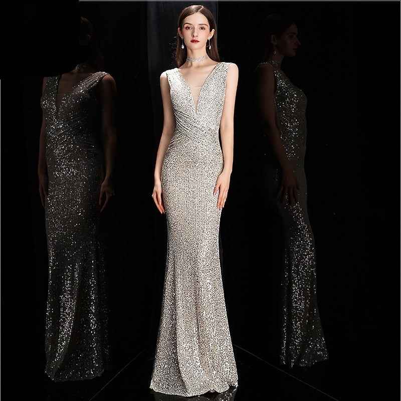 Elegant V Neck Sequin Evening Dress