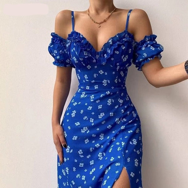 Sexy Sling Ruffle Strapless Slit Party Dress