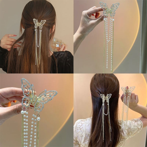 Female Butterfly Pearl Tassel Hair Claw