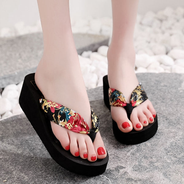 Flip Flops Women Retro Floral Platform Shoes