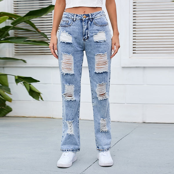 Ripped Women's Jeans Loose Blue Casual Pants