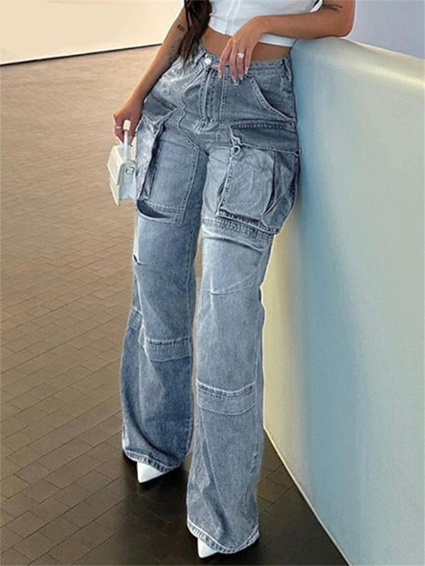 Loose blue High Waist Spliced Pockets Jeans